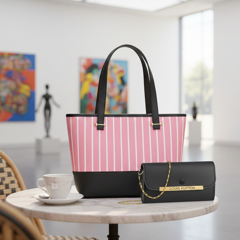 Chic Pink Striped Tote Bag with LV Chain Clutch – 2-Pcs Set